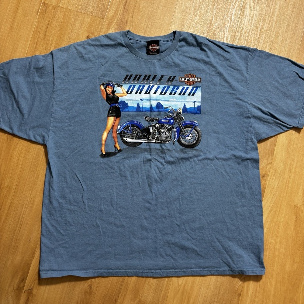 Harley Davidson Pin Up Girl Tshirt Men's 3XL Blue Short Sleeve Quincy, IL‎ 2010